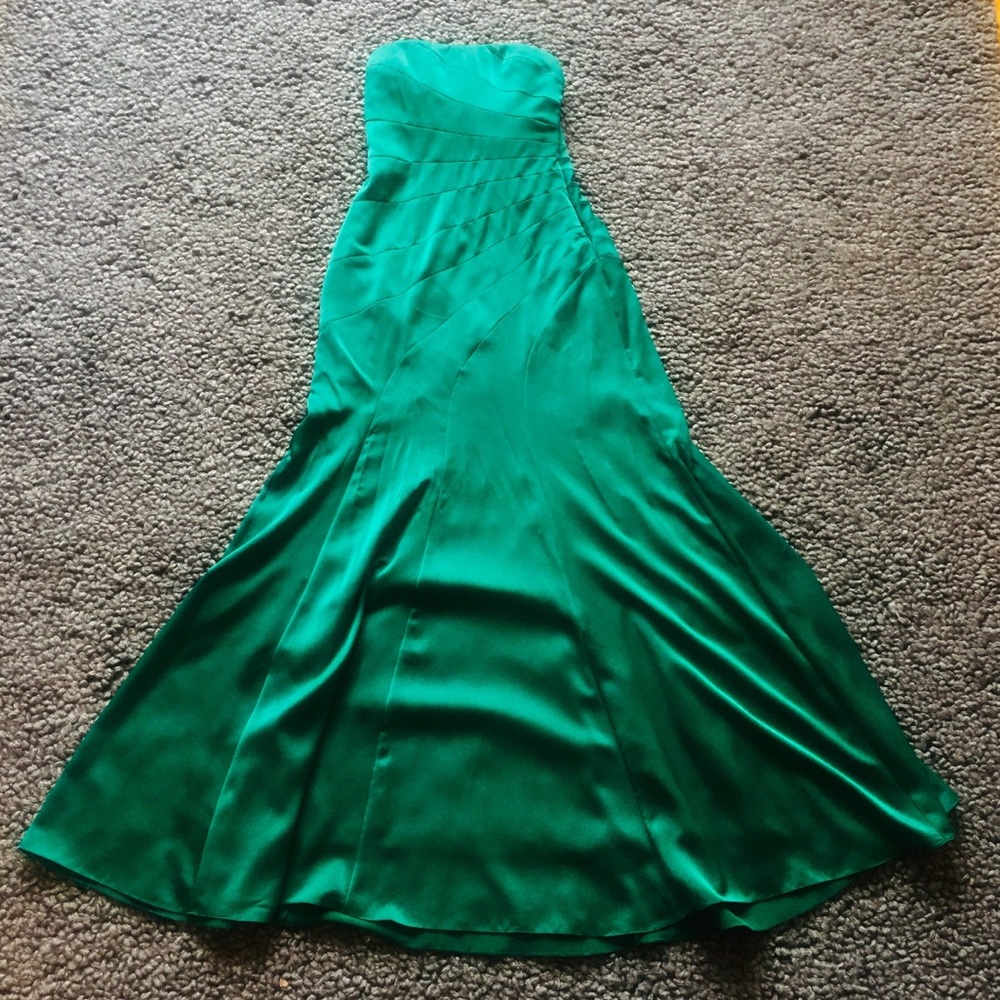 Emerald green satin strapless fit & flare gown